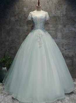 Picture of Gorgeous Mint Green Tulle Cap Sleeves Floral Sweet 16 Dresses, Charming Prom Dresses